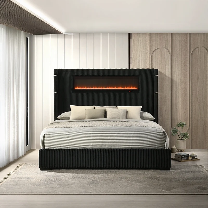 Obsidian Smart Platform Bed with LED/ Fireplace/Reading Light/Speaker/Bluetooth/USB - Black