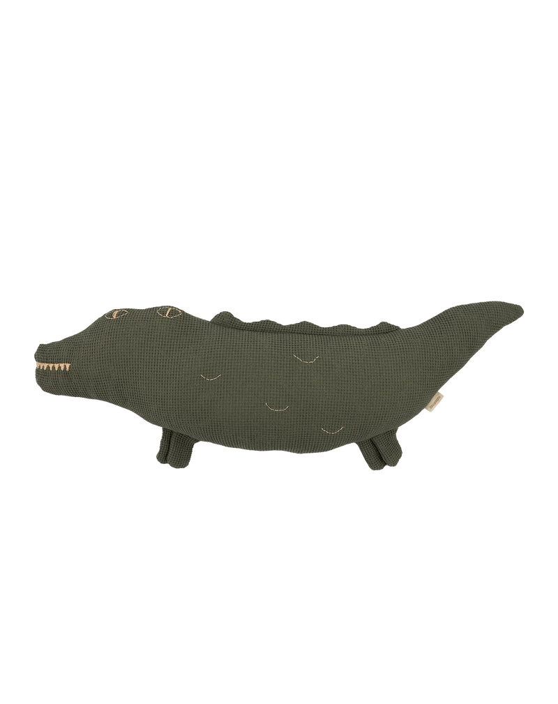 Embroidered crocodile cushion in washed cotton Wabi-Sabi