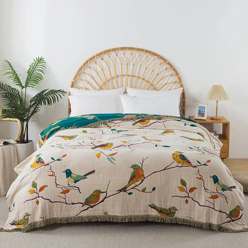 Wild Garden Boho Cotton Blanket/Throw - Cream/Teal