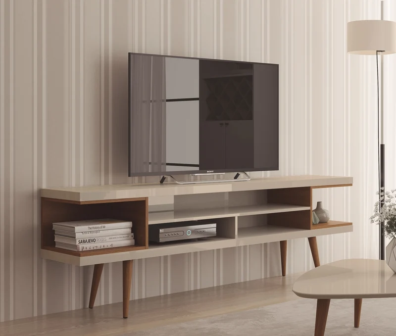 Eureka Modern 70.47" TV Stand with 4 Shelves - Off White Gloss/Maple Cream