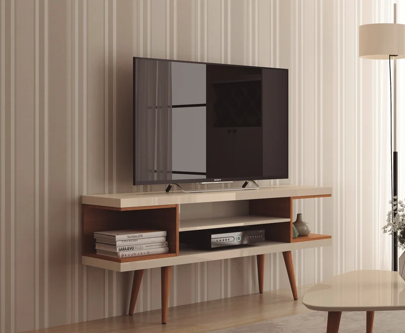 Eureka Modern 53.14" TV Stand with 4 Shelves - Off White Gloss/Maple Cream