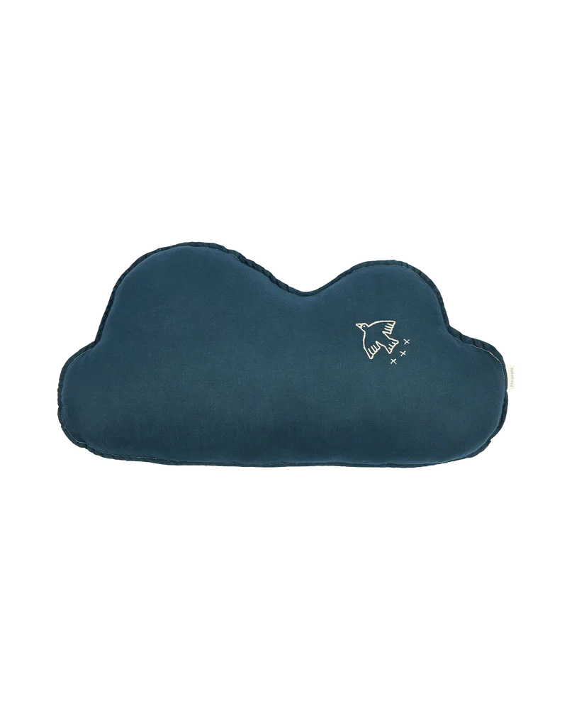 Cloud cushion in washed French linen - Bird embroidery - L1N0