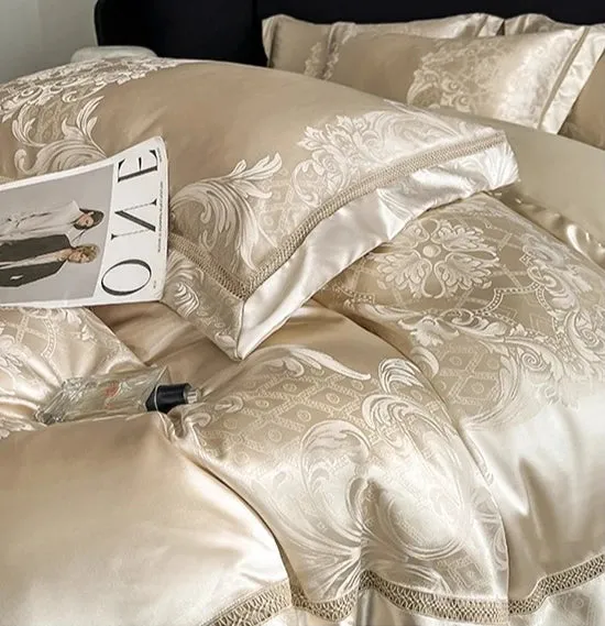 Celestia Satin Jacquard Luxury Duvet Set - Ivory/Light Grey/Blush
