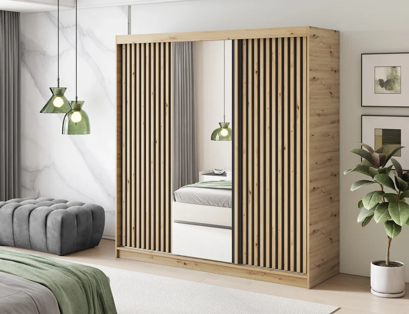 Emerio Mirrored 3 Sliding Door Freestanding Wardrobe - Maple Oak