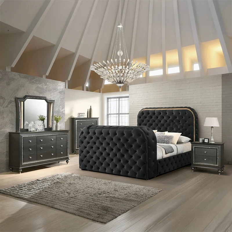 Tagus Smart Platform Bed with LED/ Fireplace/ TV Stand - Black