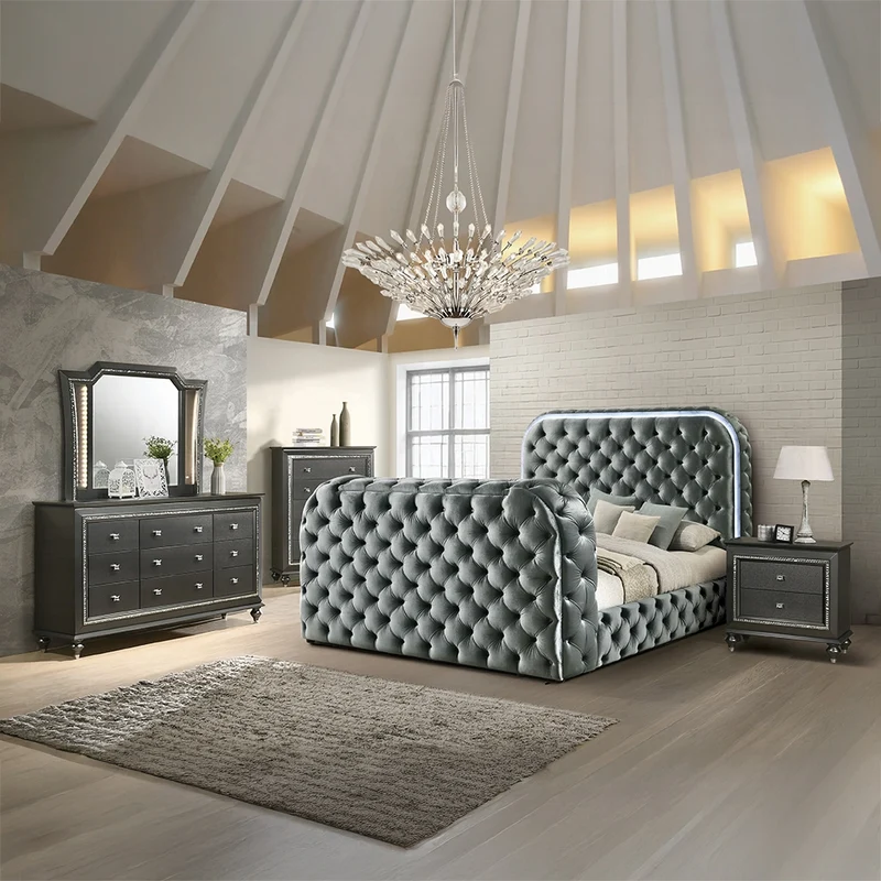 Tagus Smart Platform Bed with LED/ Fireplace/ TV Stand - Grey