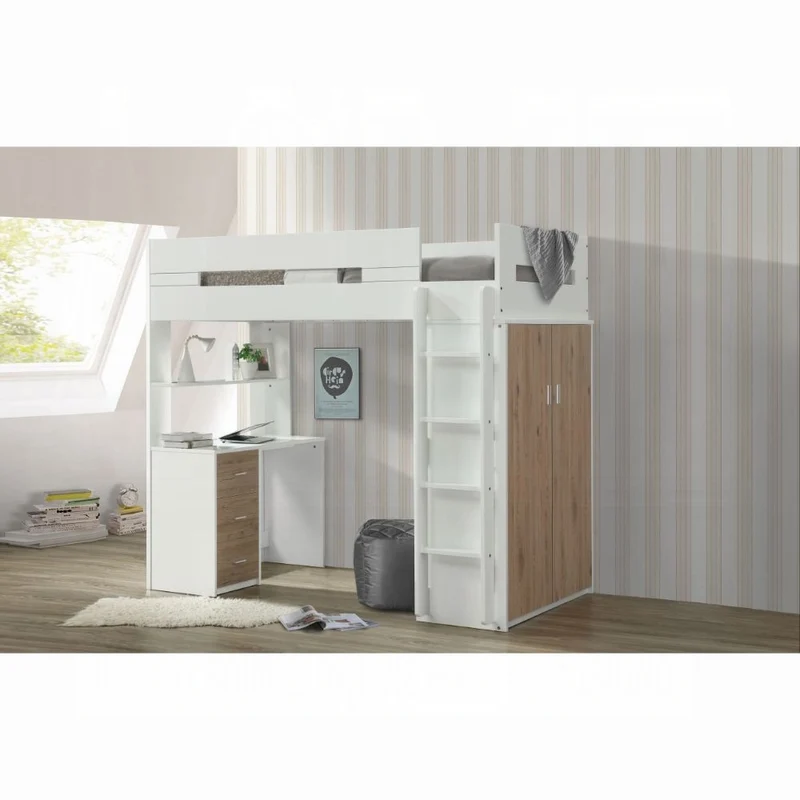 Lilo Twin Bunk/Loft Bed W/Workstation & Wardrobe - White/Oak