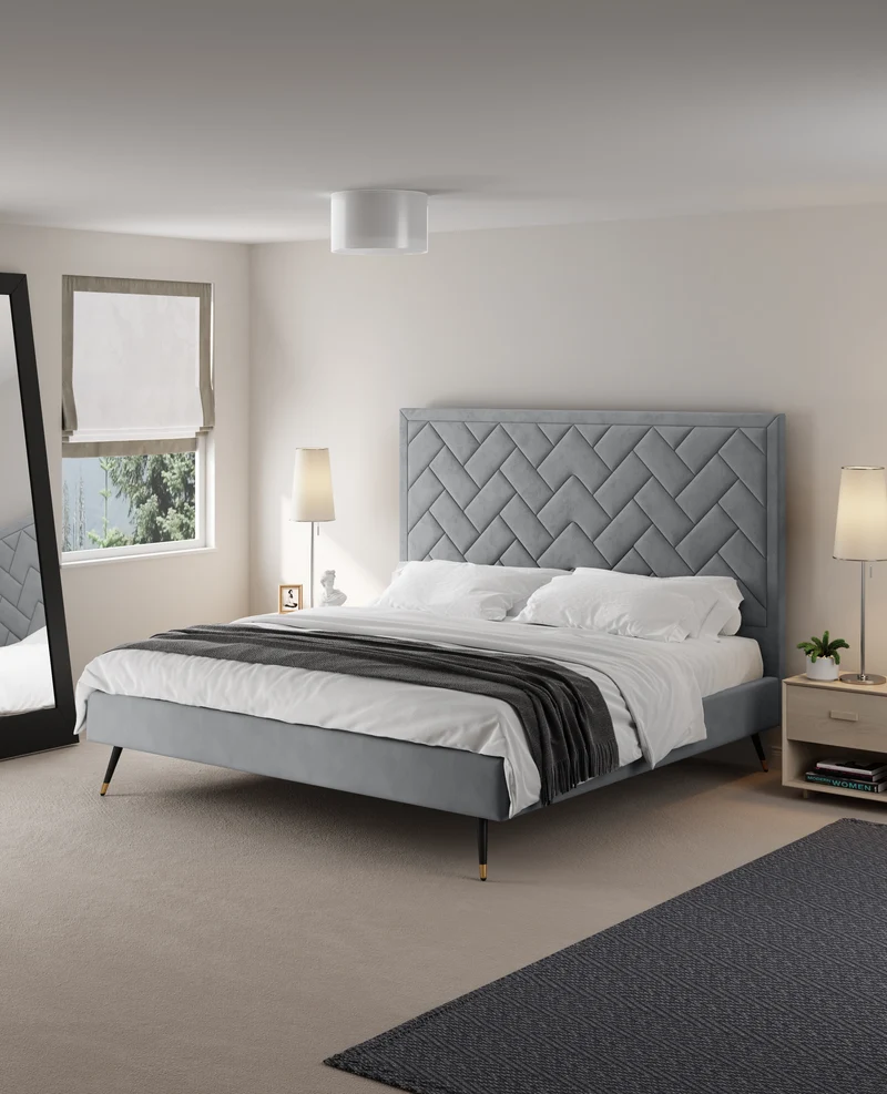 Gallagher Upholstered Velvet Platform Bed - Grey