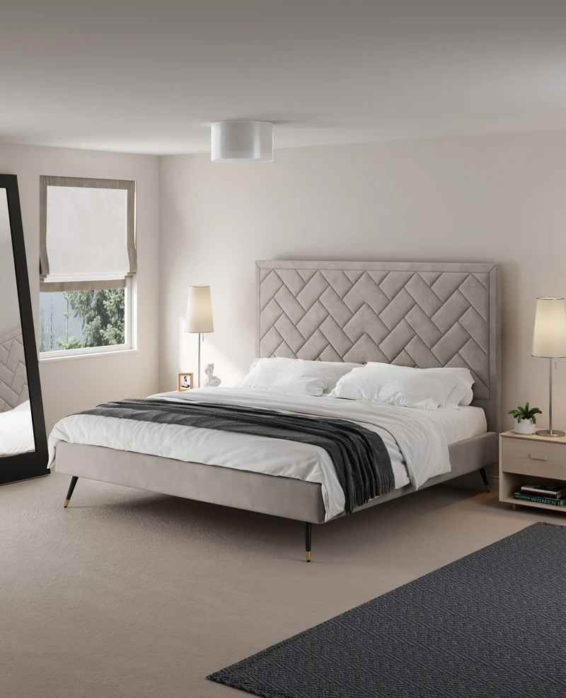 Gallagher Upholstered Velvet Platform Bed - Greige