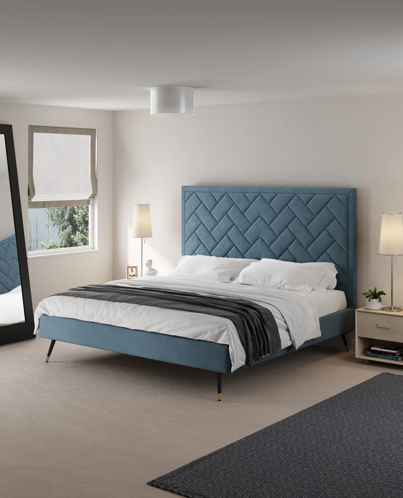 Gallagher Upholstered Velvet Platform Bed - Blue