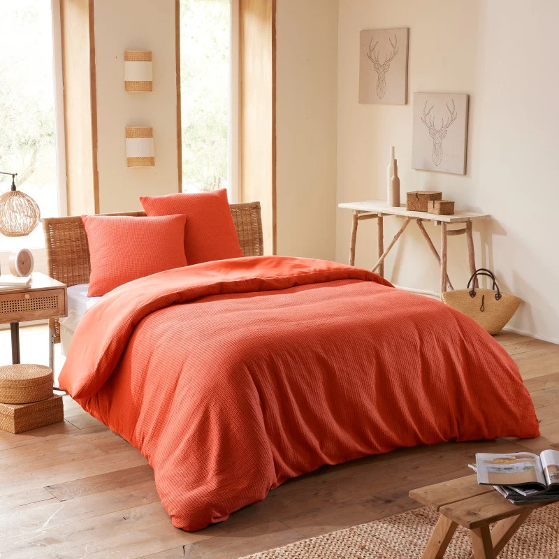 Pack 3 Pièces Housse de couette 260x240cm + 2 taies d'oreiller 65X65cm - nid d'abeille - Terracotta