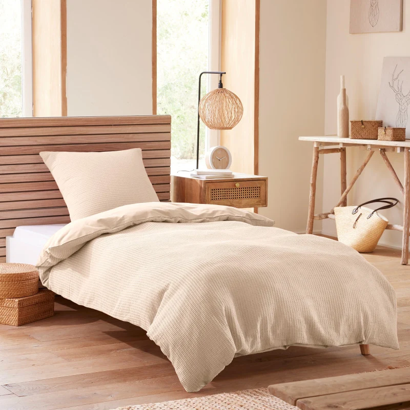 Pack 2 Pièces Housse de couette 140x200cm + 1 taie d'oreiller 65X65cm - nid d'abeille - Naturel