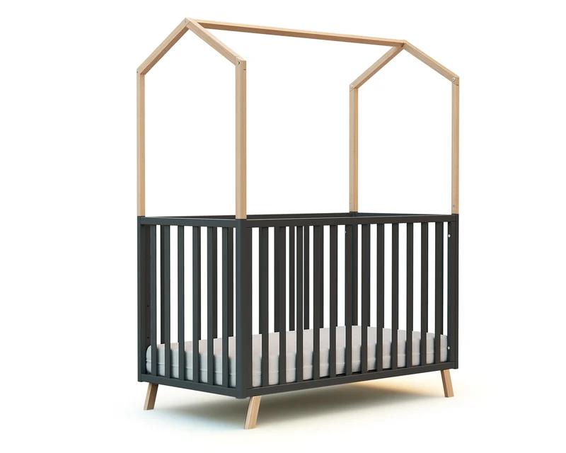 Lit cabane bébé évolutif Hêtre Verni et Gris Graphite 60 x 120 cm