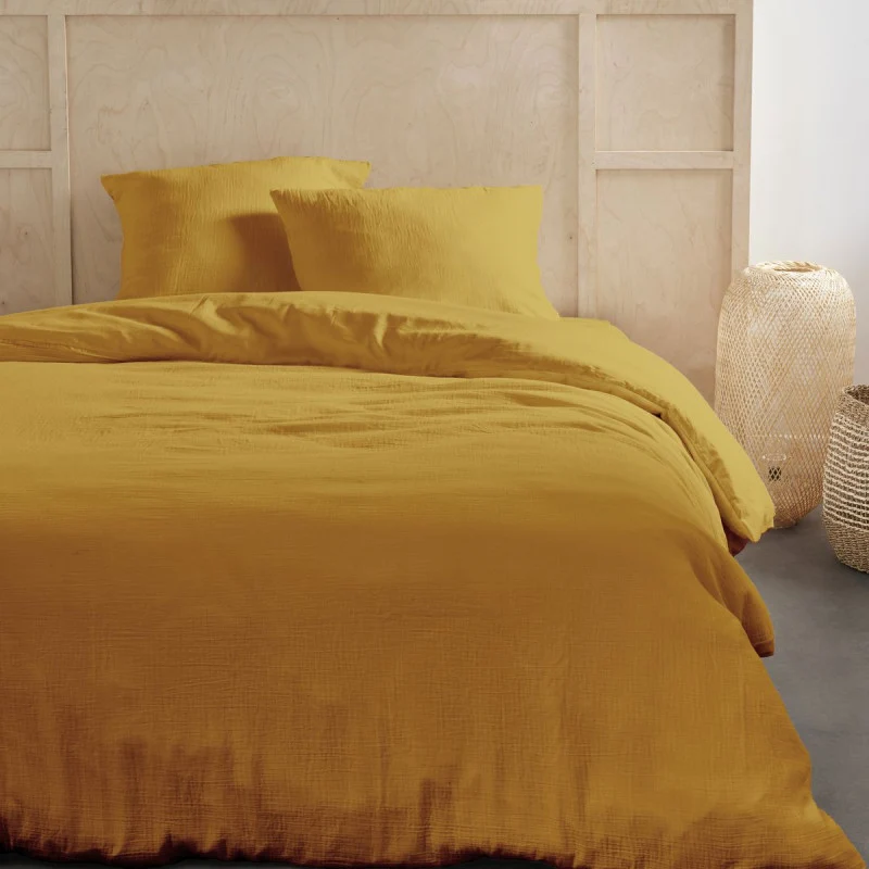 Pack 3 pièces Housse de couette 260 x 240 cm + 2 Taies d'oreiller 65 x 65 cm Gaze de Coton Ocre