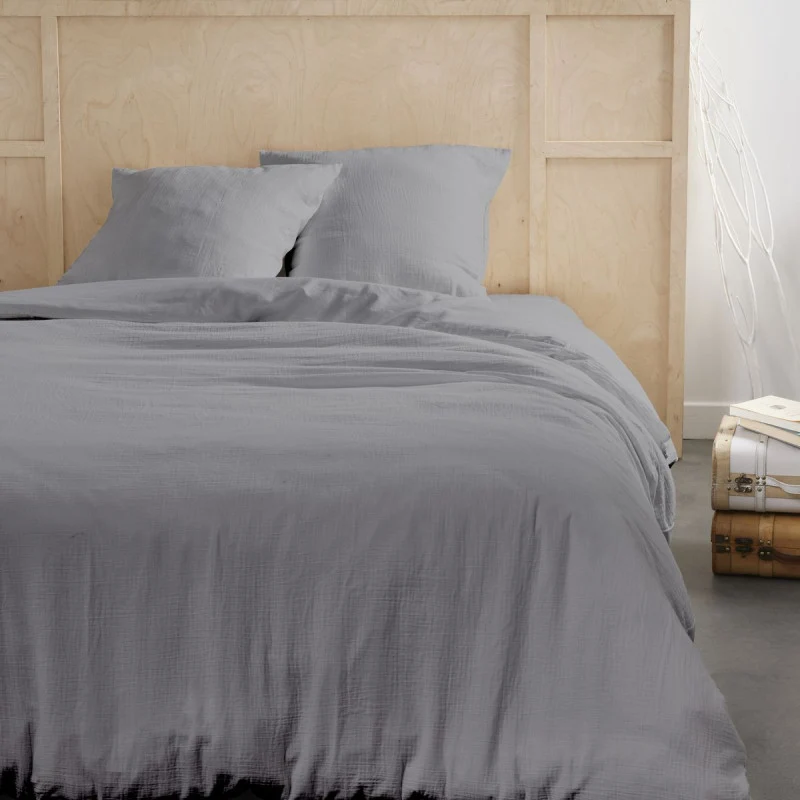 Pack 3 pièces Housse de couette 240 x 220 cm + 2 Taies d'oreiller 65 x 65 cm Gaze de Coton Acier