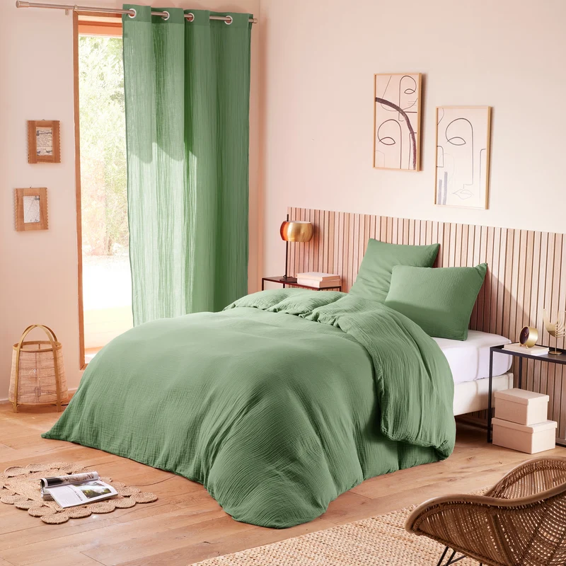 Pack 3 pièces Housse de couette - 260x240cm + 2 taies d'oreiller 65X65cm gaze de coton Olive