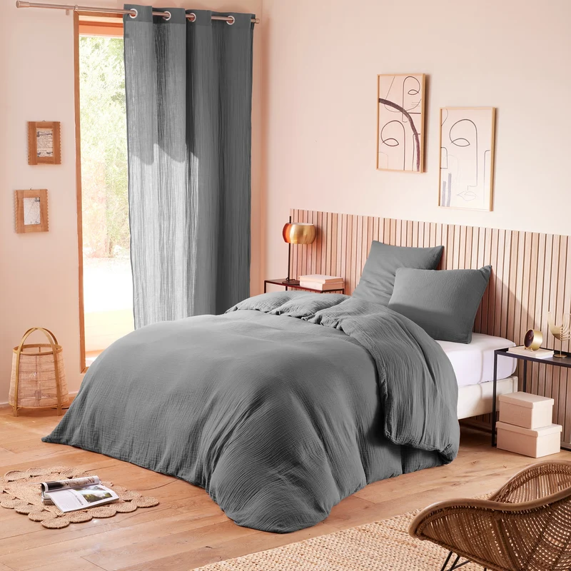 Pack 3 pièces Housse de couette - 260x240cm + 2 taies d'oreiller 65X65cm gaze de coton Ardoise