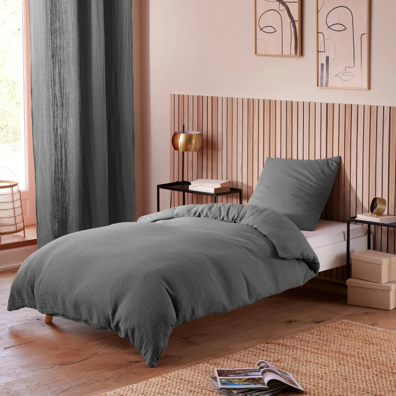 Pack 3 Pièces Housse de couette Gaze de Coton 140 x 200 cm Dh 90 Ardoise