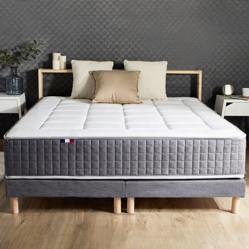 Pack matelas 30 cm 7 zones sommier bleu couette oreillers 160x200 cm