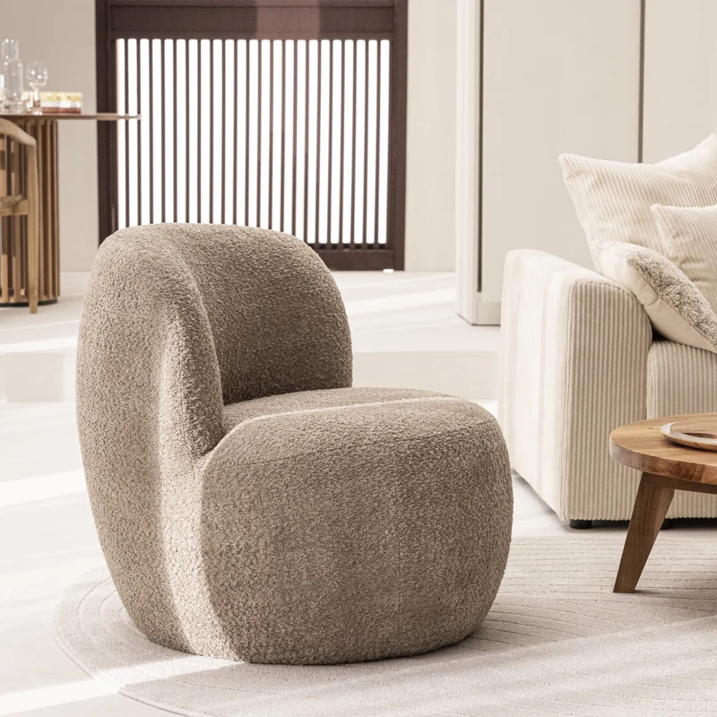 Fauteuil DRAWER Mo rond en tissu bouclette taupe