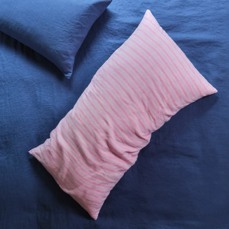 Coussin rectangle en lin lavé - Rayures Trame Rose