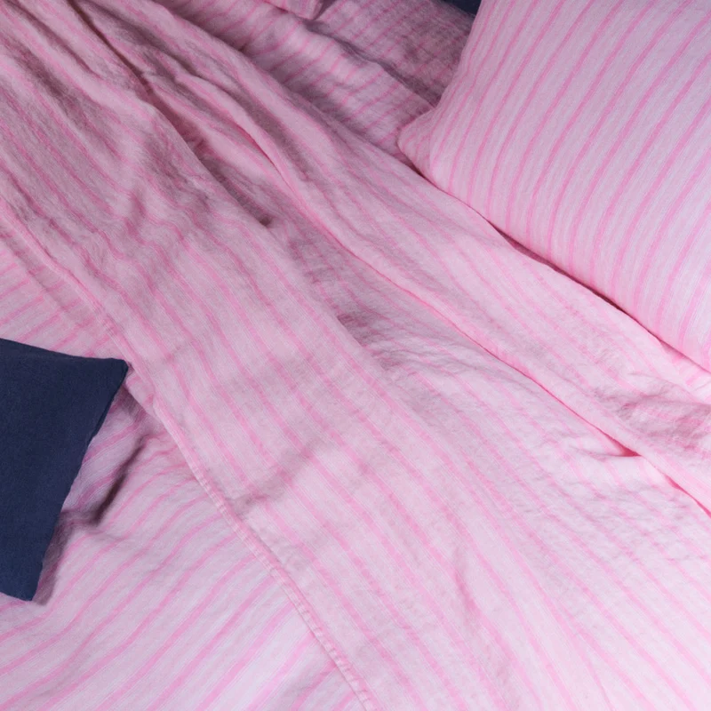 Drap plat en lin lavé - Rayures Trame Rose