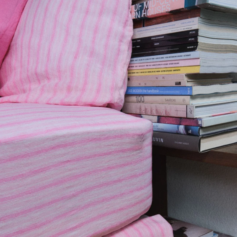Drap housse en lin lavé - Rayures Trame Rose