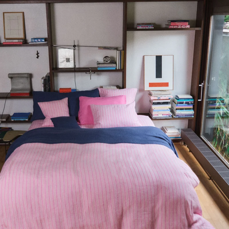 Housse de couette en lin lavé - Rayures Trame Rose