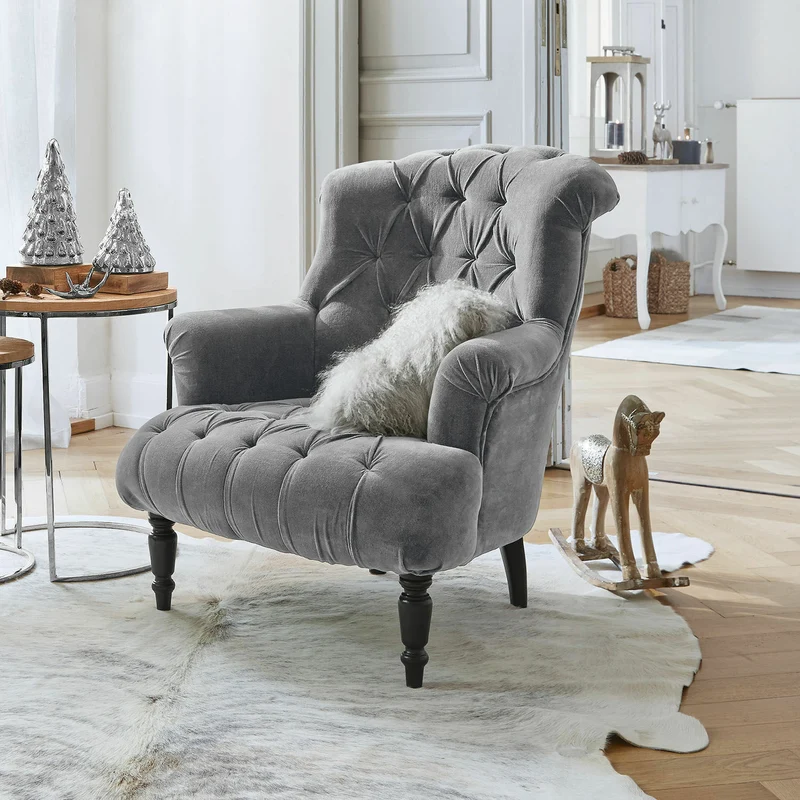 Fauteuil Chesterfield LOBERON Parranquet en velours gris