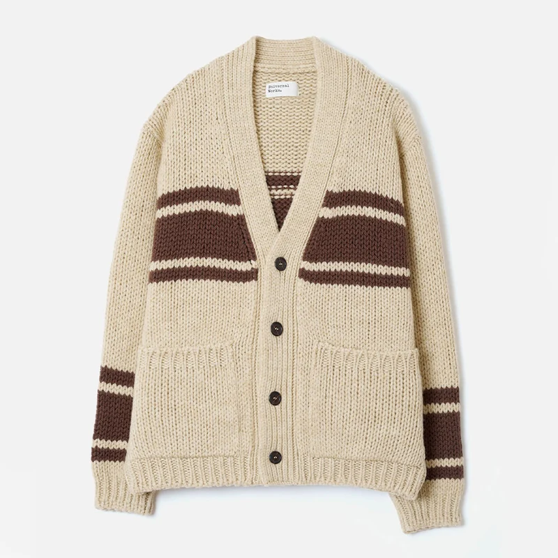 Universal Works - Cardigan Langdale - Écru & Marron