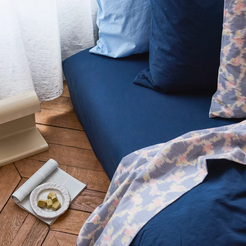 Drap-housse en percale de coton - Tataki Bleu Nuit