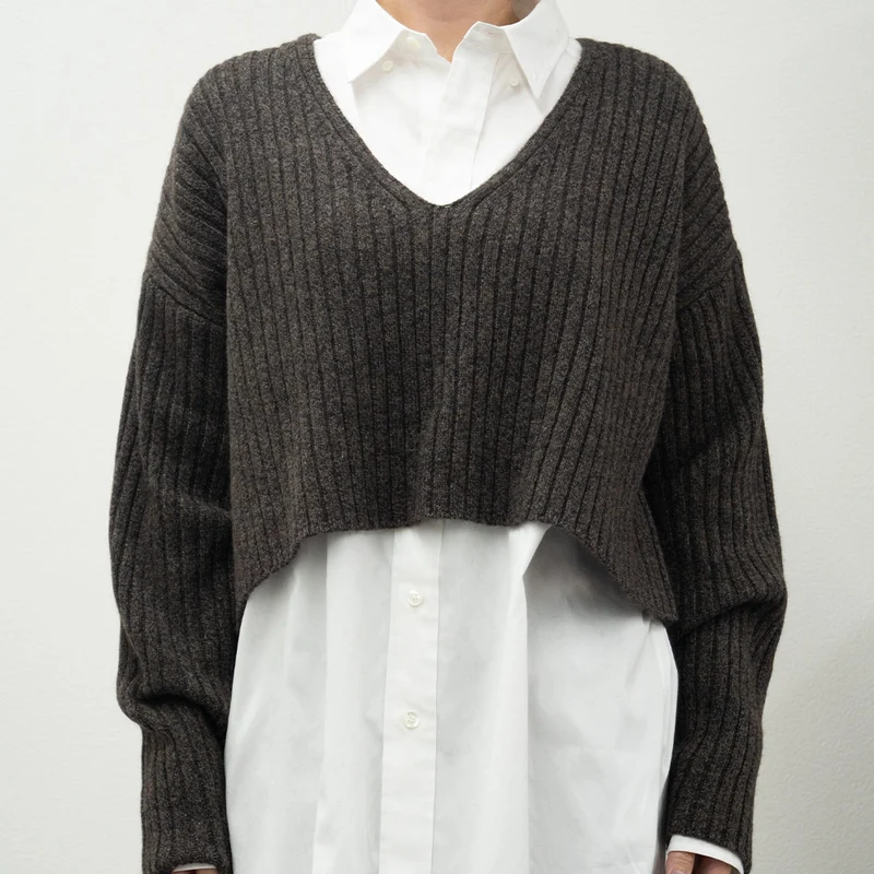 C.T.plage - Pull Col V Longsleeve Rib - Marron