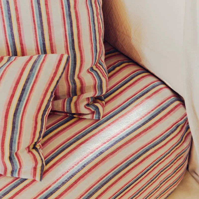 Drap housse en lin lavé - Rayures Parasol