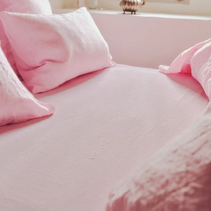 Drap housse en lin lavé - Rose Granité