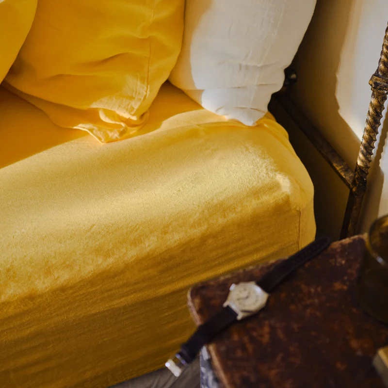 Drap housse en lin lavé - Jaune Citronnade