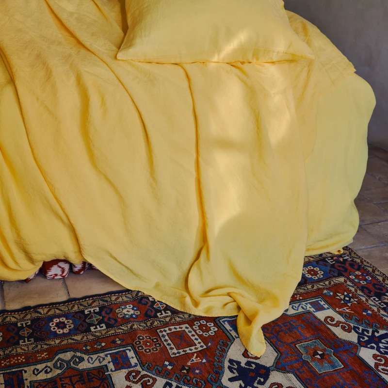Drap plat en lin lavé - Jaune Citronnade