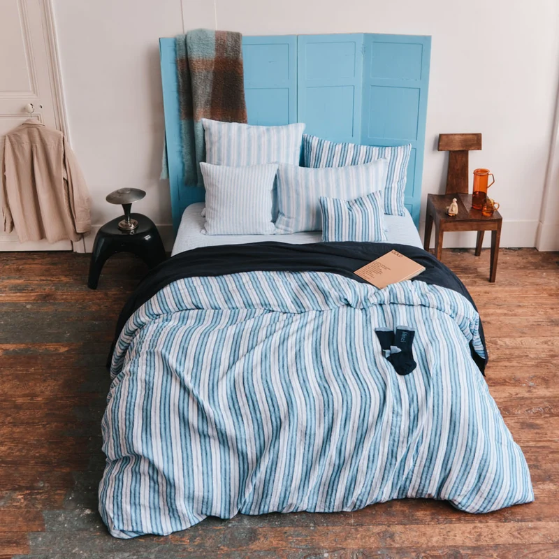 Housse de couette en lin lavé - Rayures Palette Bleu Primaire