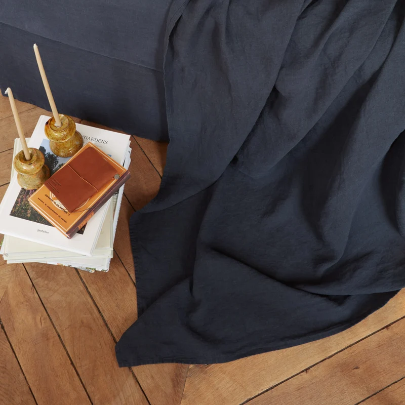 Drap plat en lin lavé - Bleu Encre